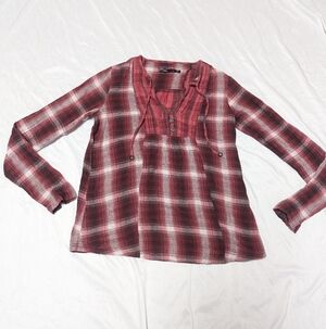 Prana Francine Red Plaid Long Sleeve Pleated Front Henley Top Organic Cotton